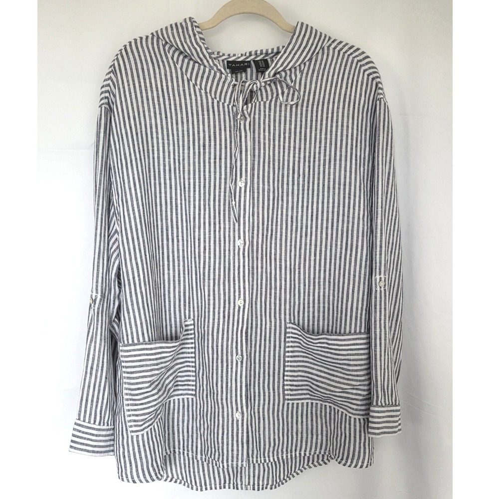 Tahari 100% Linen Striped Hooded Button-Down Shirt Blue White Size 1X Pockets